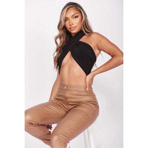 Black Sleeveless Wrap Halter Neck Crop Top - Picture 7 of 13